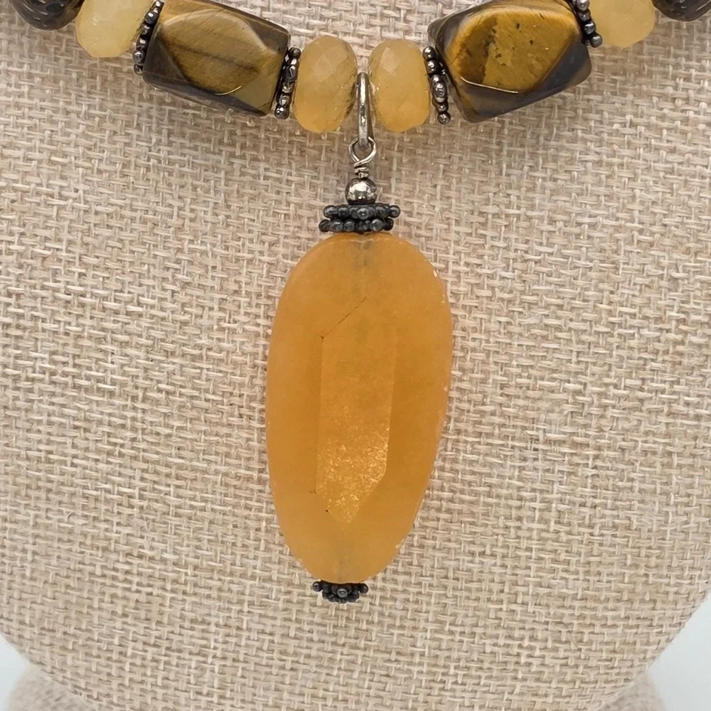 Vtg SILPADA Necklace Honey Jade, Tiger's Eye, 925 Sterling Silver, Wood Bead 16" - Picture 3 of 8